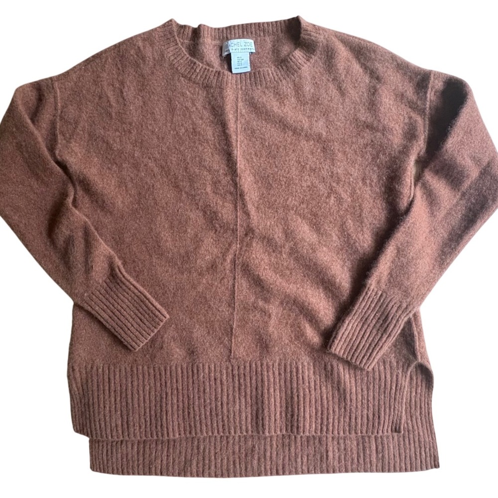 $165 Rachel‎ Zoe Women's 100% Cashmere Crewneck Sweater SMALL Brown High-Low Hem